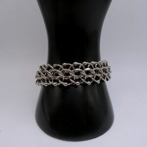 Vintage Silver Tone Interlocking Mesh Link Bracelet with Safety Chain